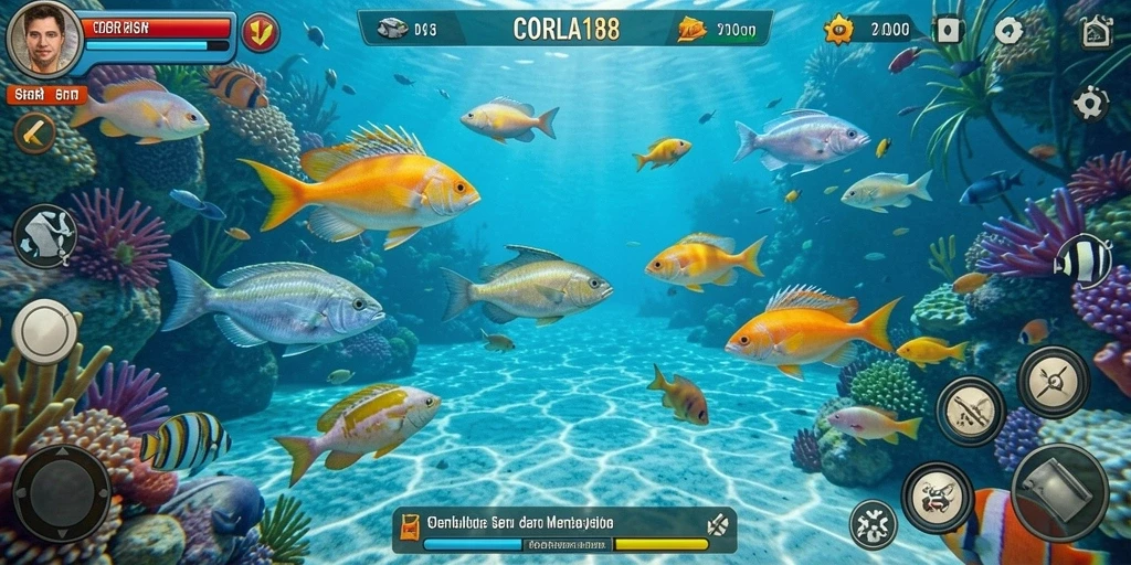 Tampilan gameplay CORLA188 dengan berbagai ikan yang dapat ditembak.