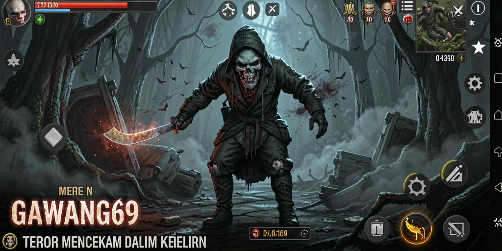 Screenshot gameplay GAWANG69 yang menampilkan suasana mencekam dan monster menyeramkan.