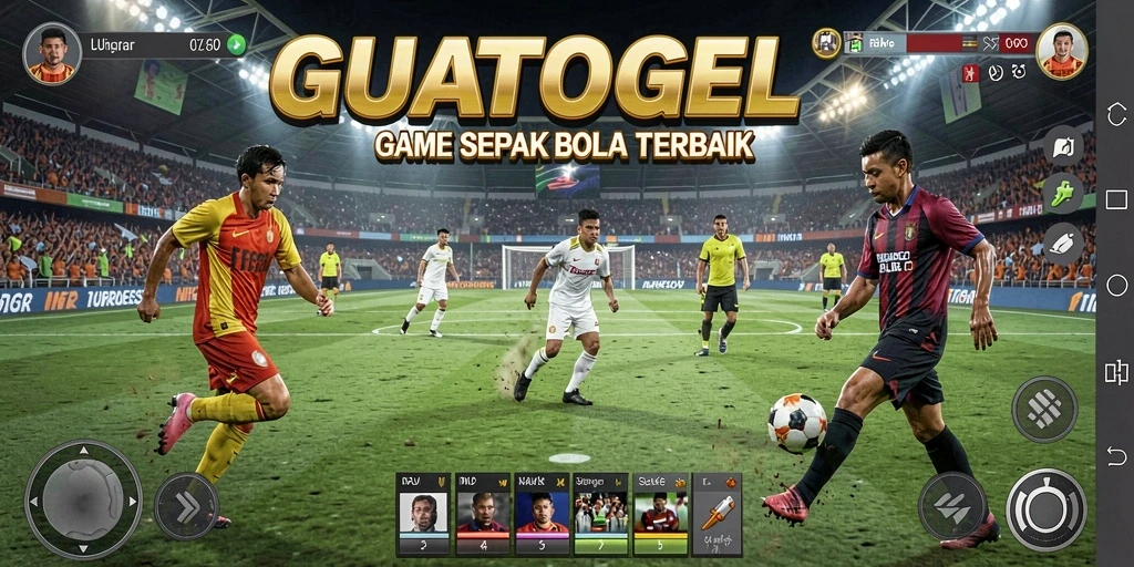 Tangkapan layar gameplay GUATOGEL menampilkan aksi pertandingan sepak bola yang mendebarkan.
