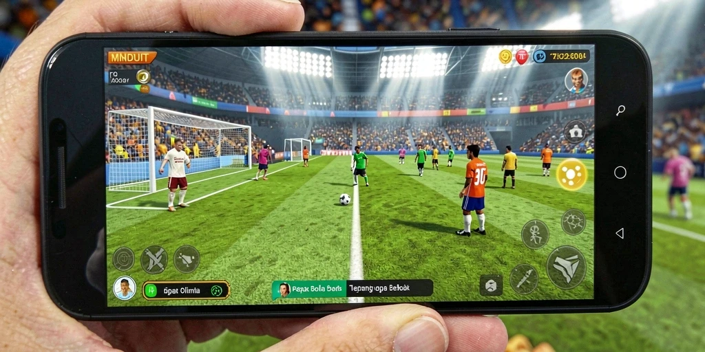 Tangkapan layar utama <strong>MNDUIT</strong> menampilkan aksi sepak bola yang mendebarkan.
