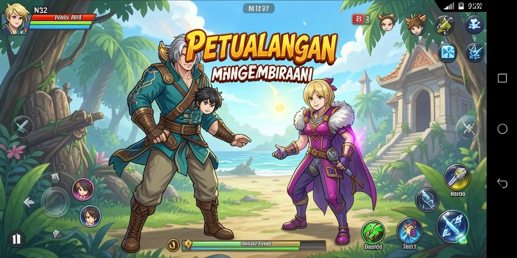 Screenshot gameplay N32 yang menampilkan pertarungan karakter anime yang seru.