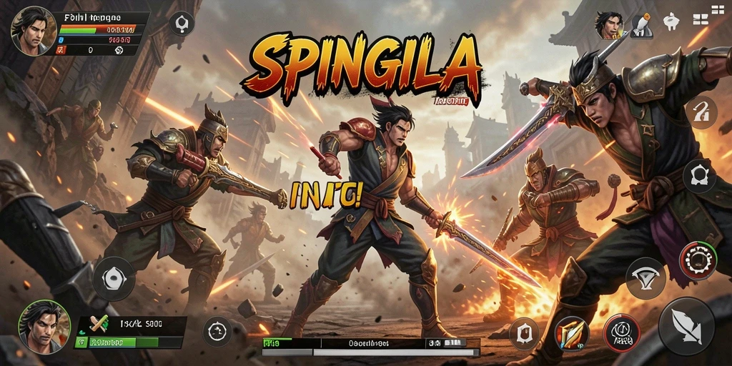 Screenshot utama SPINGILA menampilkan aksi seru dalam pertempuran.