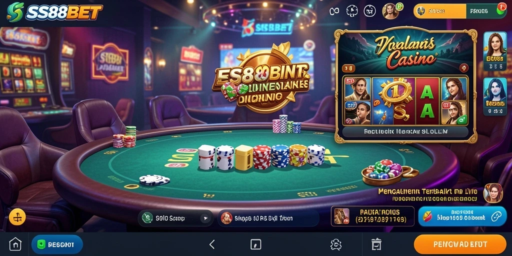 Screenshot gameplay SS88BET menunjukkan dealer langsung dan suasana kasino yang hidup.