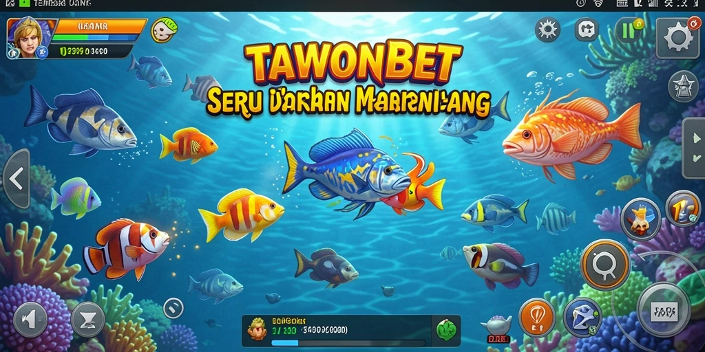 Tampilan gameplay TAWONBET dengan ikan berwarna-warni dan senjata tembak.